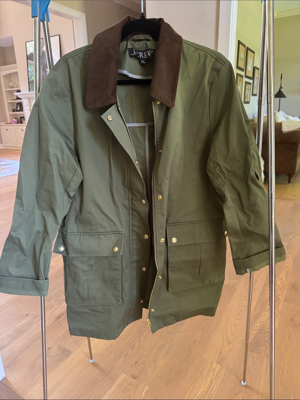 J. Crew Olive Green Waxed Jacket with Brown Cord Collar